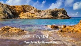  Presentation with greece blue - Beautiful theme featuring beautiful-coastline-of-crete backdrop and a coral colored foreground