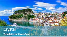  Presentation with colorful - Cool new PPT layouts with beautiful colorful towns of greece backdrop and a teal colored foreground