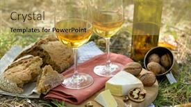  Presentation with wine cheese - PPT theme enhanced with beautiful composition of white wine cheese nuts and bread on the ground in the park background and a yellow colored foreground