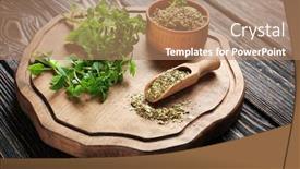  Presentation with oregano - Presentation with beautiful composition with fresh and dried oregano on wooden board background and a coral colored foreground