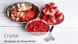  Presentation with pomegranate - Slides consisting of beautiful composition with juicy pomegranate seeds on old wooden table background and a sky blue colored foreground
