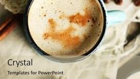  Presentation with cappuccino - Audience pleasing presentation theme consisting of beautiful composition with tasty cappuccino on wooden table backdrop and a soft green colored foreground