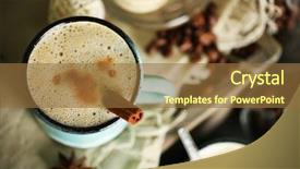  Presentation with cappuccino - Theme enhanced with beautiful composition with tasty cappuccino on wooden table background and a tawny brown colored foreground