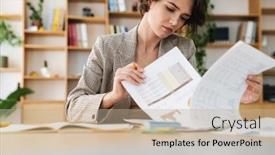  Presentation with desk - Beautiful slide deck featuring beautiful-concentrated-young-businesswoman-sitting backdrop and a mint green colored foreground