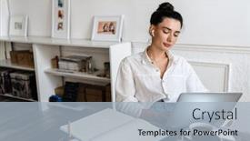  Presentation with confident - Presentation design featuring beautiful-confident-serious-young-woman background and a light blue colored foreground