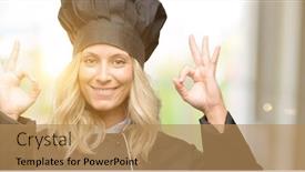  Presentation with cook chef - PPT layouts with beautiful cook woman chef doing ok sign gesture with both hands expressing meditation and relaxation background and a coral colored foreground