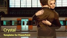  Presentation with free gas station - Audience pleasing slide deck consisting of beautiful couple embracing on train backdrop and a tawny brown colored foreground
