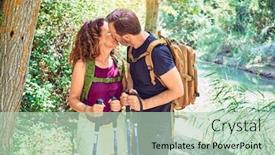  Presentation with backpack - Presentation theme consisting of beautiful-couple-of-hiker-wearing background and a mint green colored foreground