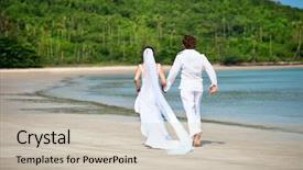  Presentation with beach wedding - Presentation theme having beautiful couple on the beach in wedding dress running background and a soft green colored foreground