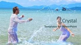  Presentation with beach wedding - Slide deck with beautiful couple on the beach in wedding dress playing in the water background and a light blue colored foreground