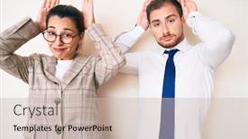  Presentation with clothes - Colorful presentation theme enhanced with beautiful-couple-wearing-business-clothes backdrop and a soft green colored foreground