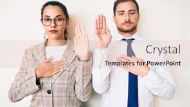  Presentation with hand palm - Cool new PPT theme with beautiful-couple-wearing-business-clothes backdrop and a lemonade colored foreground