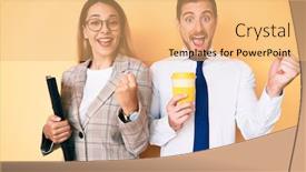  Presentation with take - Amazing slide deck having beautiful-couple-wearing-business-clothes backdrop and a yellow colored foreground