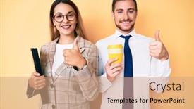  Presentation with take - Cool new slides with beautiful-couple-wearing-business-clothes backdrop and a coral colored foreground
