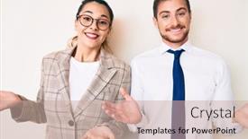  Presentation with comparison - Cool new theme with beautiful-couple-wearing-business-clothes backdrop and a soft green colored foreground