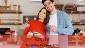  Presentation with bakery - Presentation theme consisting of beautiful couple woman and man in casual wear smiling and drinking coffee in bakery background and a red colored foreground