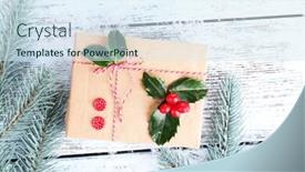  Presentation with cristmas - Cool new slides with beautiful cristmas gift with european holly ilex aquifolium on wooden background backdrop and a sky blue colored foreground
