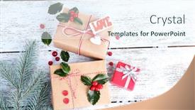  Presentation with cristmas - Cool new presentation with beautiful cristmas gifts with european holly ilex aquifolium on wooden background backdrop and a sky blue colored foreground