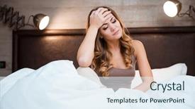  Presentation with headache - Audience pleasing PPT theme consisting of beautiful curly exhausted brunette suffering backdrop and a  colored foreground