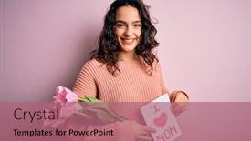  Presentation with happy mothers day - Slide deck featuring beautiful-curly-hair-woman-holding background and a coral colored foreground