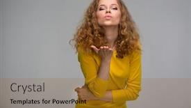  Presentation with kiss - Audience pleasing PPT theme consisting of beautiful curly young woman in yellow clothes sends an air kiss on a gray background backdrop and a gold colored foreground