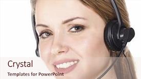  Presentation with customer service lifting the words - PPT theme consisting of beautiful customer service operator woman background and a  colored foreground