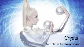  Presentation with cyber - Audience pleasing PPT theme consisting of beautiful cyber woman with silver balls backdrop and a light blue colored foreground