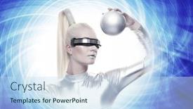  Presentation with cyber - Amazing slide deck having beautiful cyber woman with a silver ball backdrop and a sky blue colored foreground