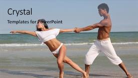  Presentation with coast - Cool new presentation design with beautiful dancers posing on the sandy sea coast backdrop and a light blue colored foreground