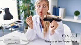  Presentation with teeth whitening - Presentation theme consisting of beautiful-dentist-woman-comparing-teeth background and a light gray colored foreground