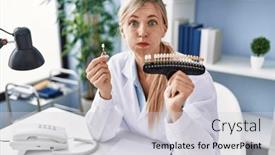  Presentation with teeth whitening - Presentation theme with beautiful-dentist-woman-comparing-teeth background and a light gray colored foreground