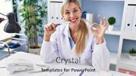  Presentation with friendly - PPT theme with beautiful-dentist-woman-explaining background and a  colored foreground