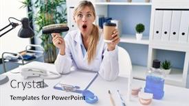  Presentation with denture - PPT theme enhanced with beautiful-dentist-woman-holding-denture background and a light gray colored foreground