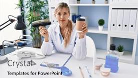  Presentation with denture - Theme with beautiful-dentist-woman-holding-denture background and a light gray colored foreground