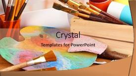  Presentation with paint art - Presentation theme with beautiful design - artistic equipment paint brushes background and a coral colored foreground