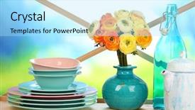  Presentation with cabinet - Audience pleasing presentation theme consisting of beautiful dishes on wooden cabinet on natural background backdrop and a arctic colored foreground