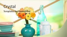  Presentation with cabinet - PPT theme featuring beautiful dishes on wooden cabinet on natural background background and a blonde colored foreground