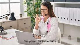  Presentation with friendly - Theme having beautiful-doctor-woman-working background and a light gray colored foreground