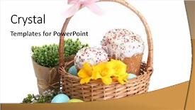  Presentation with easter basket - Presentation theme featuring beautiful easter cakes colorful eggs background and a sky blue colored foreground