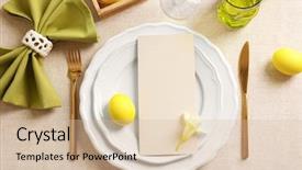  Presentation with tablecloth - Beautiful presentation theme featuring beautiful easter table setting with empty card on tablecloth backdrop and a soft green colored foreground