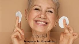  Presentation with anti age - PPT theme featuring beautiful-elderly-60s-woman background and a coral colored foreground