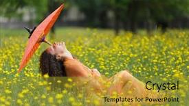  Presentation with elegant flowers - PPT theme having beautiful elegant woman with an orange parasol draped in a matching chiffon scarf tilting back her head with a smile of bliss as she walks through a meadow filled with colorful yellow summer flowers background and a gold colored foreground