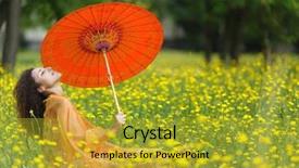  Presentation with orange - Cool new slide set with beautiful elegant woman with an orange asian umbrella draped in a matching chiffon scarf sitting in dandelion summer field backdrop and a gold colored foreground
