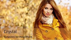  Presentation with autumn - Presentation theme enhanced with bright cheerful autumnal background - beautiful elegant womanin autumn park background and a gold colored foreground