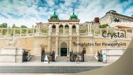  Presentation with lion - Beautiful slides featuring beautiful entrance to the buda castle with sculptures of lion backdrop and a coral colored foreground