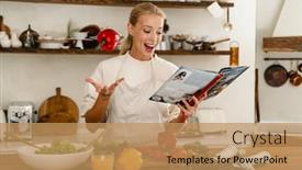  Presentation with cookbook - PPT theme consisting of beautiful-excited-woman-reading-cookbook background and a coral colored foreground