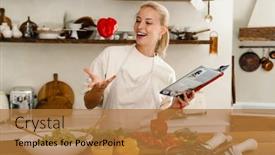  Presentation with cookbook - PPT theme with beautiful-excited-woman-reading-cookbook background and a coral colored foreground