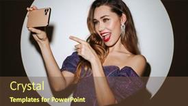  Presentation with spotlight - Presentation theme enhanced with beautiful-excited-young-glamorous-woman background and a tawny brown colored foreground