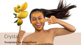  Presentation with fruits mango - Slide deck consisting of beautiful-excited-young-woman background and a coral colored foreground