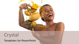  Presentation with fruits mango - Beautiful PPT theme featuring beautiful-excited-young-woman backdrop and a coral colored foreground